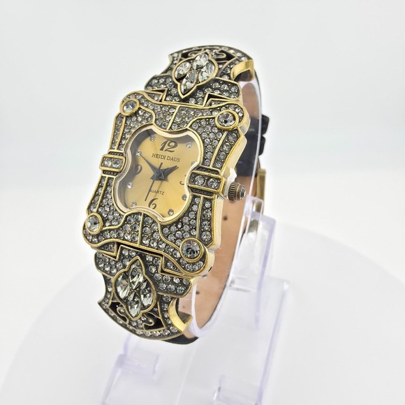 Heidi Daus Jewelry - Vtg HEIDI DAUS Ladies Watch SWAROVSKI Crystals Black Leather Band Gold Finish 7"